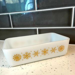 Vintage Glasbake Atomic Snowflake Gold - 1Qt Loaf Casserole Dish